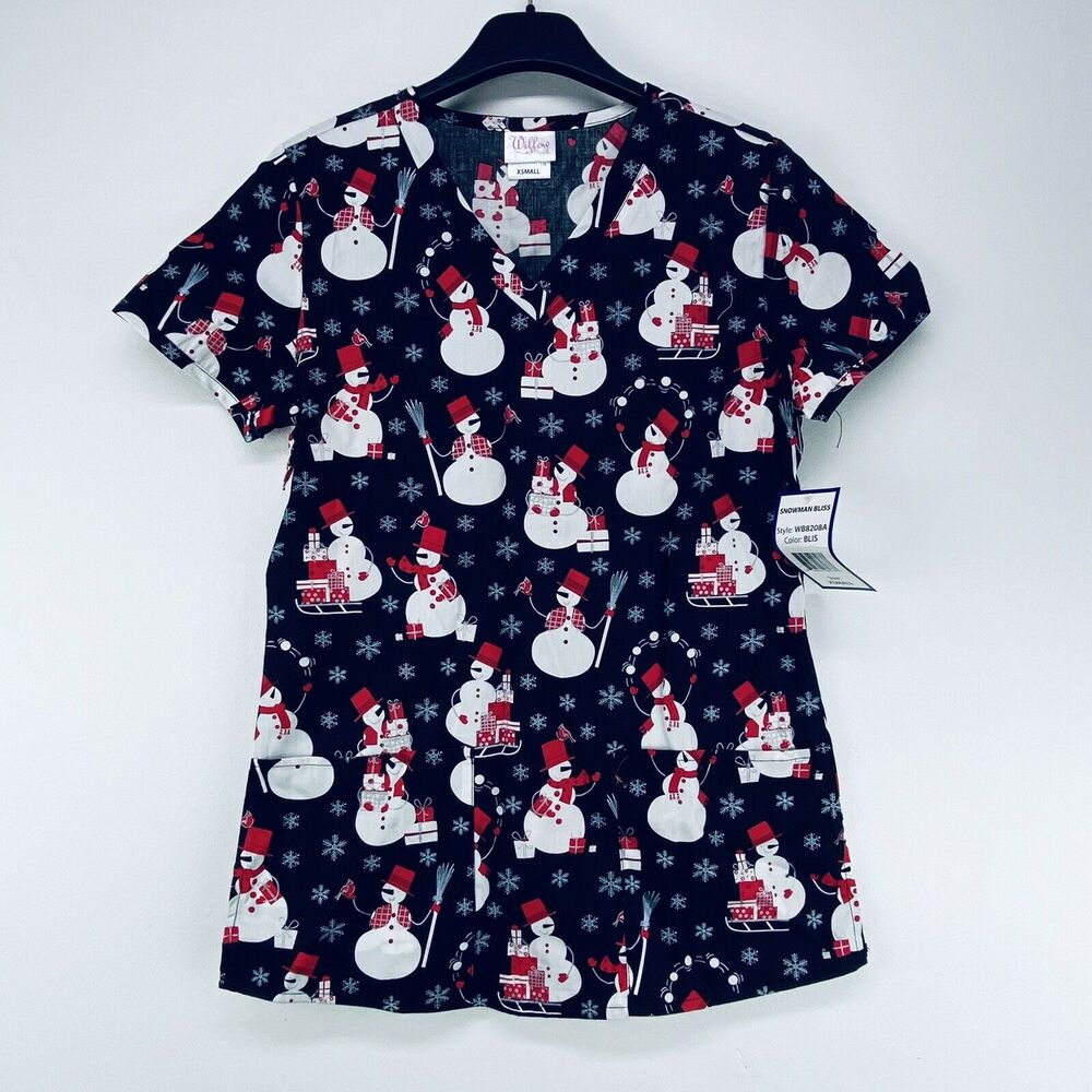 Willow Brook Women's XS Scrub Top Snowman Birds Present Snowflakes Black Red NWT